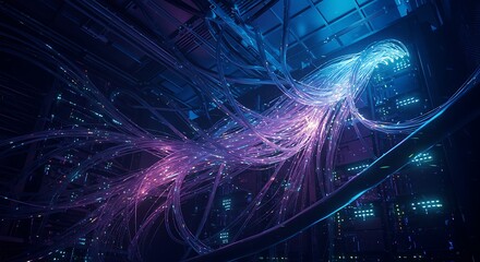 Vibrant data streams flow in modern server room