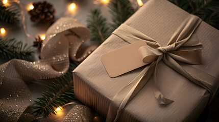 Elegant gift box with cream ribbon and tag surrounded by pine branches, sparkling lights, and festive decorations, perfect for holiday season imagery and celebrations.
