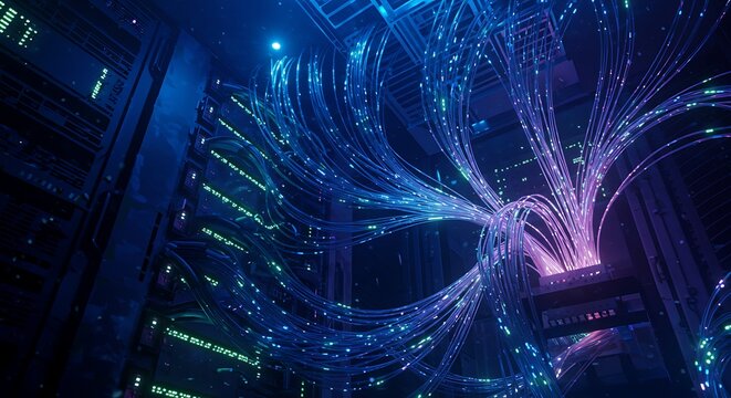 Data streams flow within a vibrant server room - Powered by Adobe