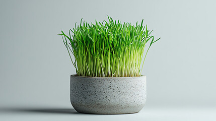 Vibrant green wheatgrass growing in a modern concrete pot against a clean neutral background