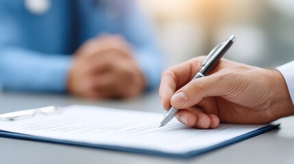 Hand Holding Pen Signing Document with Blurred Background
