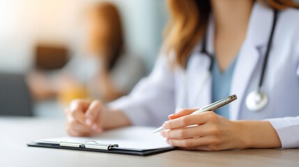 Fototapeta premium Female Doctor Writing Notes in Medical Office during Consultation