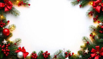 Decorative holiday frame with red bows, flowers, and ornaments for festive celebrations