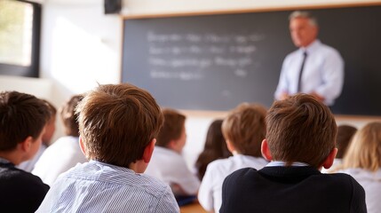 Fototapeta premium Teacher in Classroom Explaining Lesson to Students from Behind View