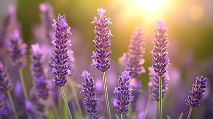 Obraz premium Close up of vibrant purple lavender flowers bathed in warm golden sunlight