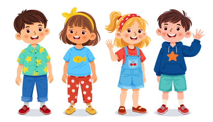 Colorful cartoon vector illustration of four cheerful children standing side by side, smiling happily