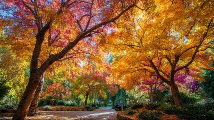 A tranquil park pathway is lined with trees showcasing vibrant autumn colors in shades of red, orange, and yellow. The bright foliage creates a picturesque atmosphere on a sunny day.