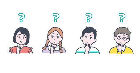 小学生くらいの子どもたちが考えている様子のイラスト素材
