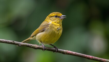 A small, vibrant yellow bird perches gracefully on a twig against a blurred green background.