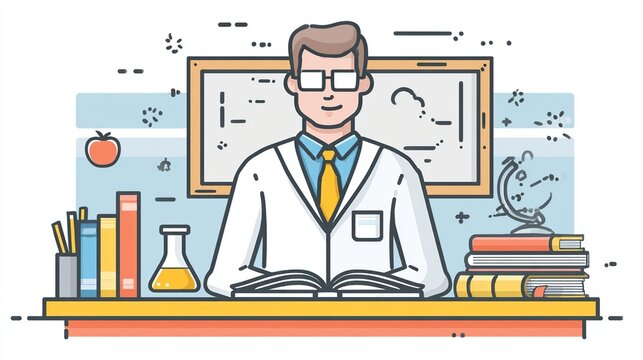 A smiling male scientist in a lab coat sits at a desk with an open book, flanked by a chalkboard, books, a globe, and lab equipment, in a clean, minimalist line art style