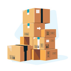 Stack of cardboard shipping boxes with labels and barcodes packaged in a pyramid pile isolated on white background for logistics and delivery concept vector illustration