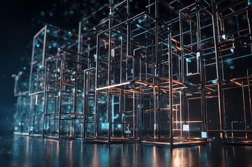 Obraz premium Estructura digital abstracta de cubos metálicos conectados en espacio tecnológico futurista