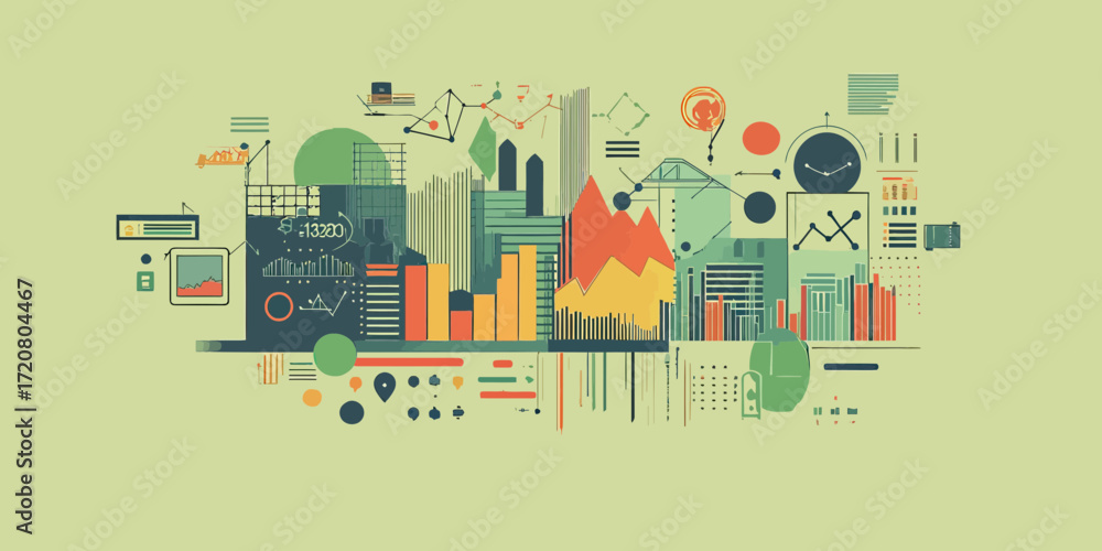 Poster abstract business infographic with charts, graphs, data visualization elements, and digital analytic