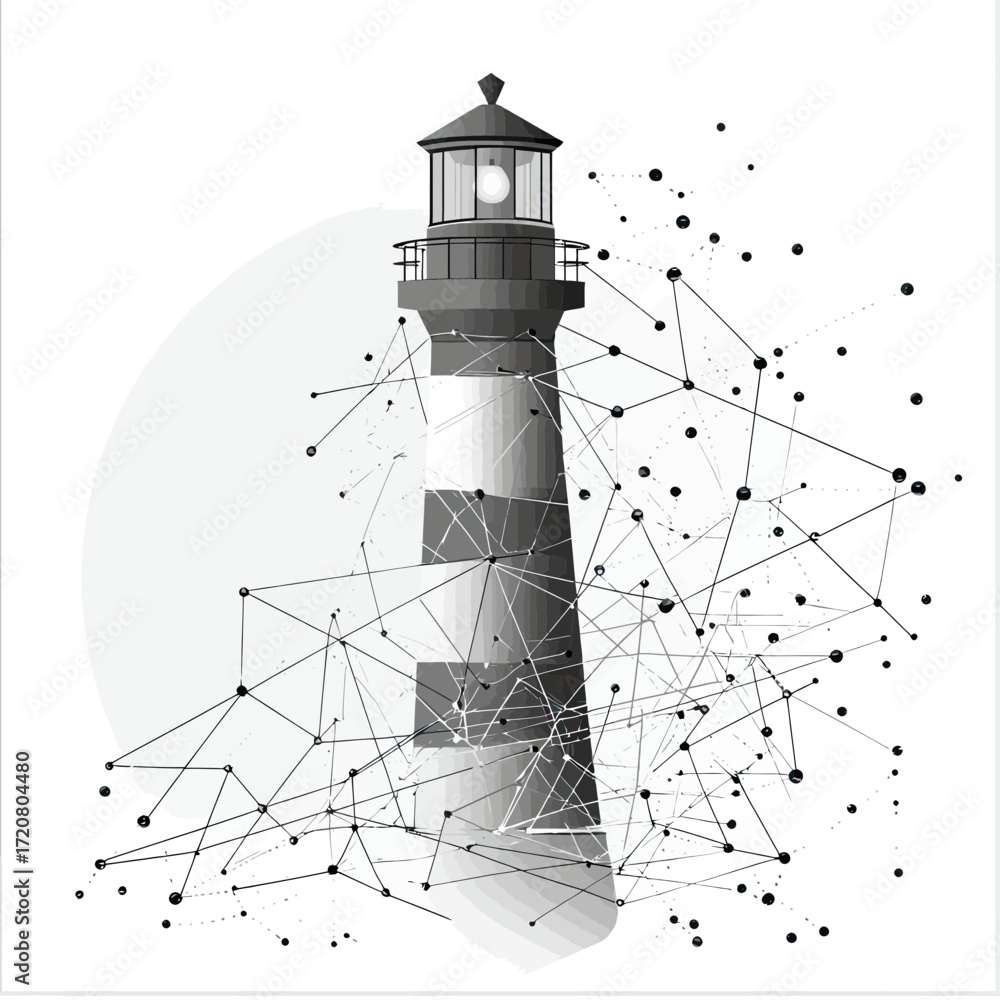 Poster monochrome vector lighthouse with interconnected dots and polygonal lines abstract network design on
