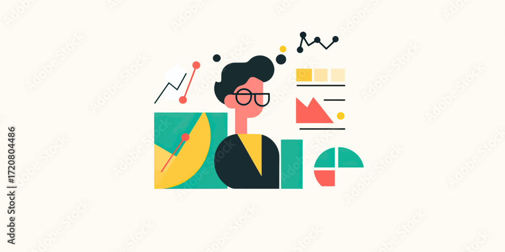 Poster Abstract business person analyzing colorful charts and graphs with data visualization elements in flat minimalist style vector illustration