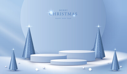 Podium shape for show cosmetic product display for christmas day or new years. Stand product showcase on red background with lighting christmas. vector design.