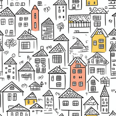 Fototapeta premium Seamless hand drawn doodle pattern with various simple houses and buildings in black lines with pastel yellow and pink accents for textured background and print design