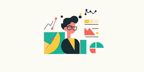 Abstract business person analyzing colorful charts and graphs with data visualization elements in flat minimalist style vector illustration