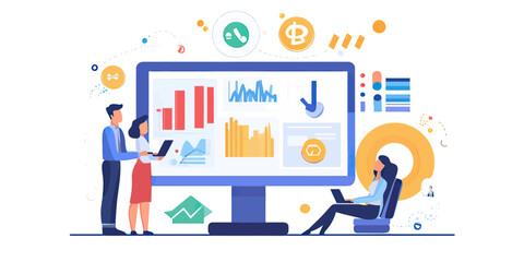 Business people analyzing financial data on desktop monitor with graphs charts and cryptocurrency icons digital marketing concept vector illustration