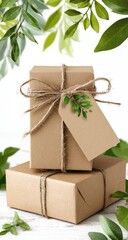 Two kraft paper gifts, simply tied with twine, adorned with leaf-printed tags, nestled amongst greenery