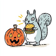 Fototapeta premium Hungry Squirrel with Burger and Jack-o'-lantern
