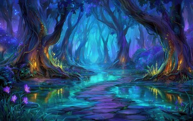 Mystical forest path through a glowing swamp