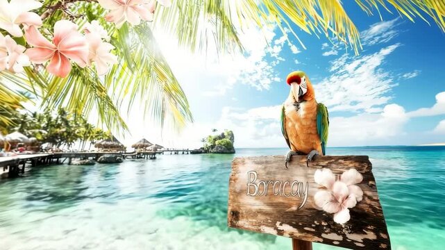 Colorful parrot on Boracay beach sign with ocean view