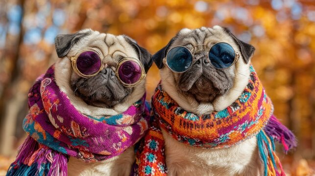 Two pugs dressed in vibrant scarves and stylish sunglasses sit together among colorful autumn leaves, basking in the warm sun. Their expressions capture the joy of the season.