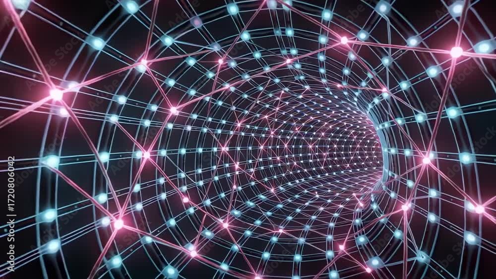 Poster abstract network tunnel background animation with glowing nodes and connections visuals