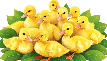 A cluster of fluffy yellow ducklings nestled amongst green leaves