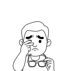 Fototapeta premium Black and white line art of a man rubbing his eye while holding glasses, symbol of tired eyes, eye irritation, or allergy. Simple outline drawing illustration