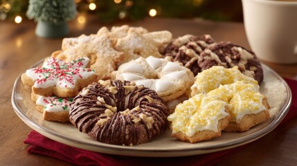 A festive plate showcases a colorful arrangement of various holiday cookies, including decorated star shapes, chocolate delights, and creamy topped treats. Perfect for celebrating together.