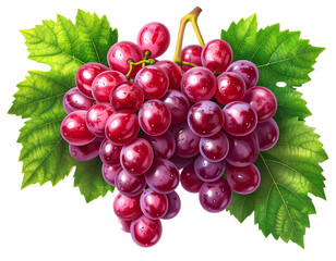 Fototapeta premium Ruby Cluster Delight: A tantalizing close-up of a vibrant bunch of ruby-red grapes, adorned with verdant leaves, evokes feelings of freshness and deliciousness, promising a taste of summer.