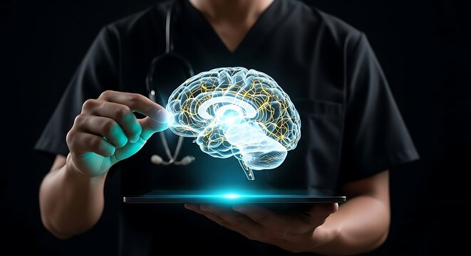 Doctor Holds Tablet With Futuristic Glowing Brain Hologram For Medical Diagnosis - Powered by Adobe