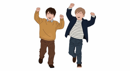 Two young boys jumping with joy in a celebratory pose against a plain white background