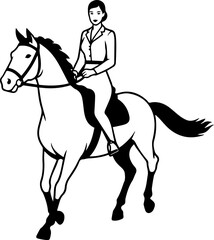 Black and white line art of a beautiful woman with perfect body riding horse elegant minimalist illustration