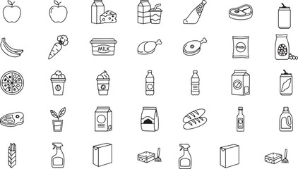Illustration of collection of hand drawn grocery and food icons isolated on white background