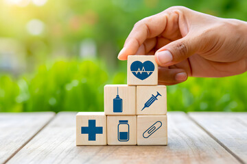 Wooden blocks with medical symbols health insurance concept