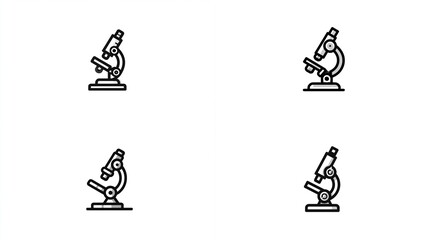 Four minimalist line-art illustrations of microscopes, two oriented vertically and two horizontally, evenly spaced on a white background