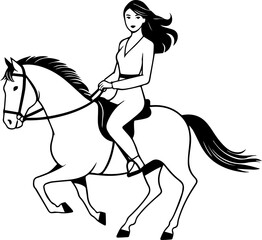 Black and white line art of a beautiful woman with perfect body riding horse elegant minimalist illustration