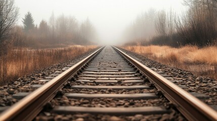 Foggy railway tracks stretch into the distance surrounded by autumn grass and trees at dawn