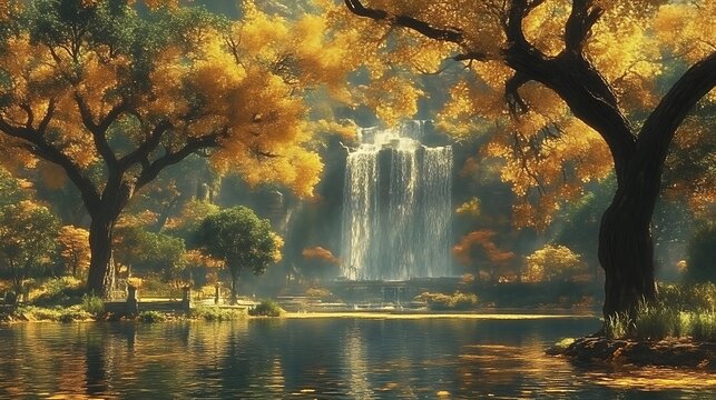 Golden autumn waterfall scene by tranquil lake