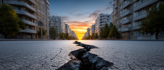 earthquake aftershock concept. Cracked street at sunset with buildings lining the road, creating a dramatic urban scene.