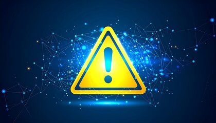 Glowing yellow warning sign on digital network