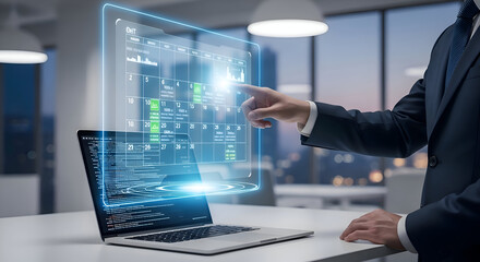 Businessman Analyzing Data on Transparent Screen