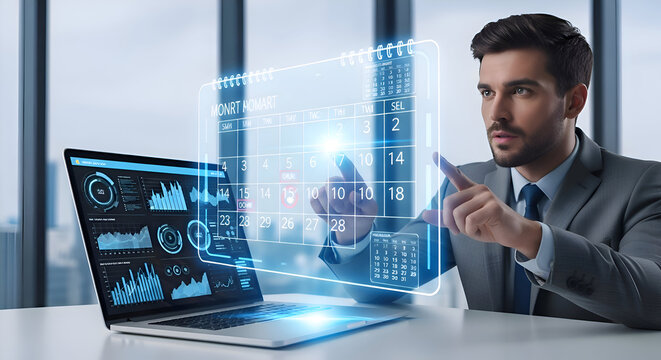 Businessman Planning on Digital Calendar with Analytics