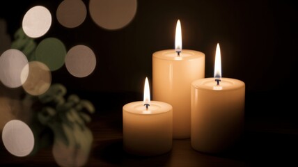 Three candles are lit on a table, creating a warm and cozy atmosphere