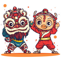 dragon and lion dance, new year, vector, transparent background, festival, asia, culture, carnival, symbol, vintage, pattern, mask, tradition, traditional