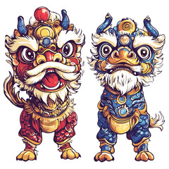 dragon and lion dance, new year, vector, transparent background, festival, asia, culture, carnival, symbol, vintage, pattern, mask, tradition, traditional