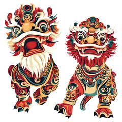 dragon and lion dance, new year, vector, transparent background, festival, asia, culture, carnival, symbol, vintage, pattern, mask, tradition, traditional